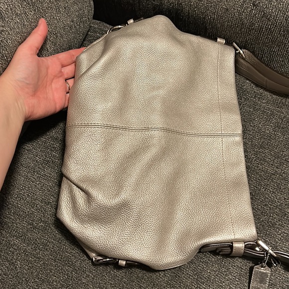 Coach Silver Metallic Pebbled Leather Shoulder Duffel Bag - Picture 2 of 10